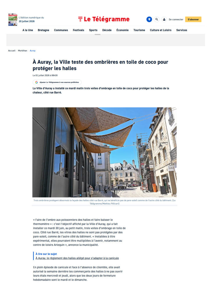 A Auray, la ville teste des ombrières en toile de coco pour protéger les halles